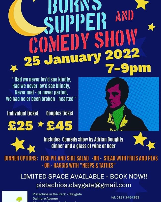 Ra OLE mT PLU Ce agus aT UCSMCey ea STU TPA MOR ea UO Tee Mey em ELEC OEP a se TCU ee Individual ticket Couples ticket £25 * £45 x Includes Comedy show by Adrian Doughty *, Ws NU dinner and a glass of wine or beer UNS eS STC a ea Le Us SUCH baa ca CU La LIMITED SPACE AVAILABLE - BOOK NOW!! pistachios.claygate@gmail.com aren a AYA Peat COR Lay 7}