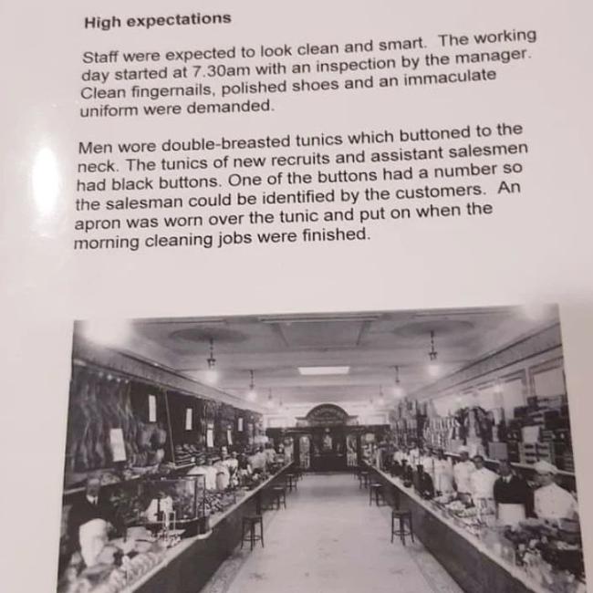 look clean and smart. The working he manager th an inspection by tt aculate Staff were expected to | ind an imm: day started at 7 30am wi Clean fingernails, polished shoes ai uniform were demanded nics which buttoned to the cruits and assistant salesmen he buttons had a number SO tified by the customers. An ic and put on when the Men wore double-breasted tu neck. The tunics of new re! had black buttons. One of t! the salesman could be iden’ apron was worn over the tun morning cleani